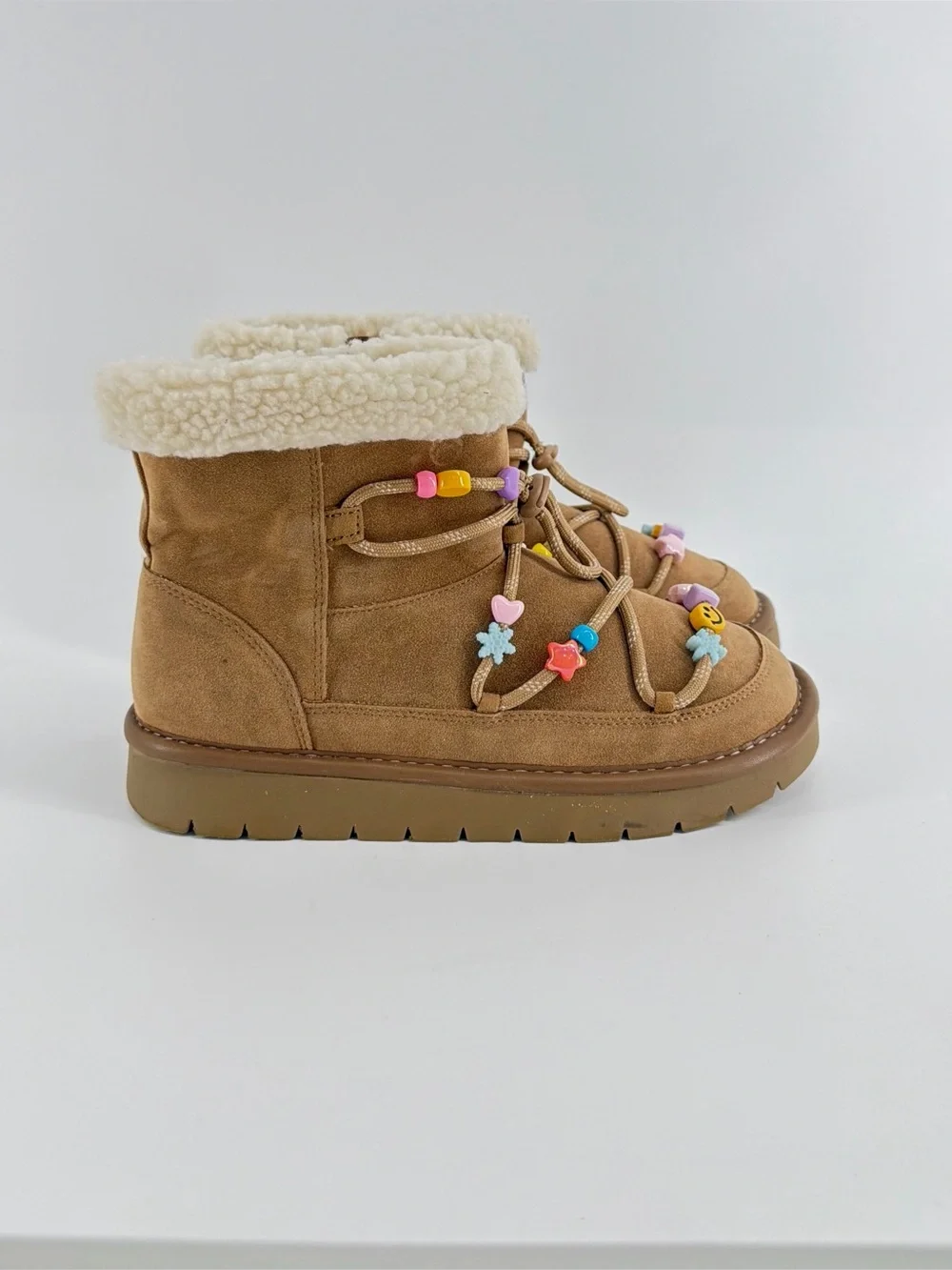 Girls Art Class Brown Faux-Sherpa Winter Boots with Colorful Bead Accents